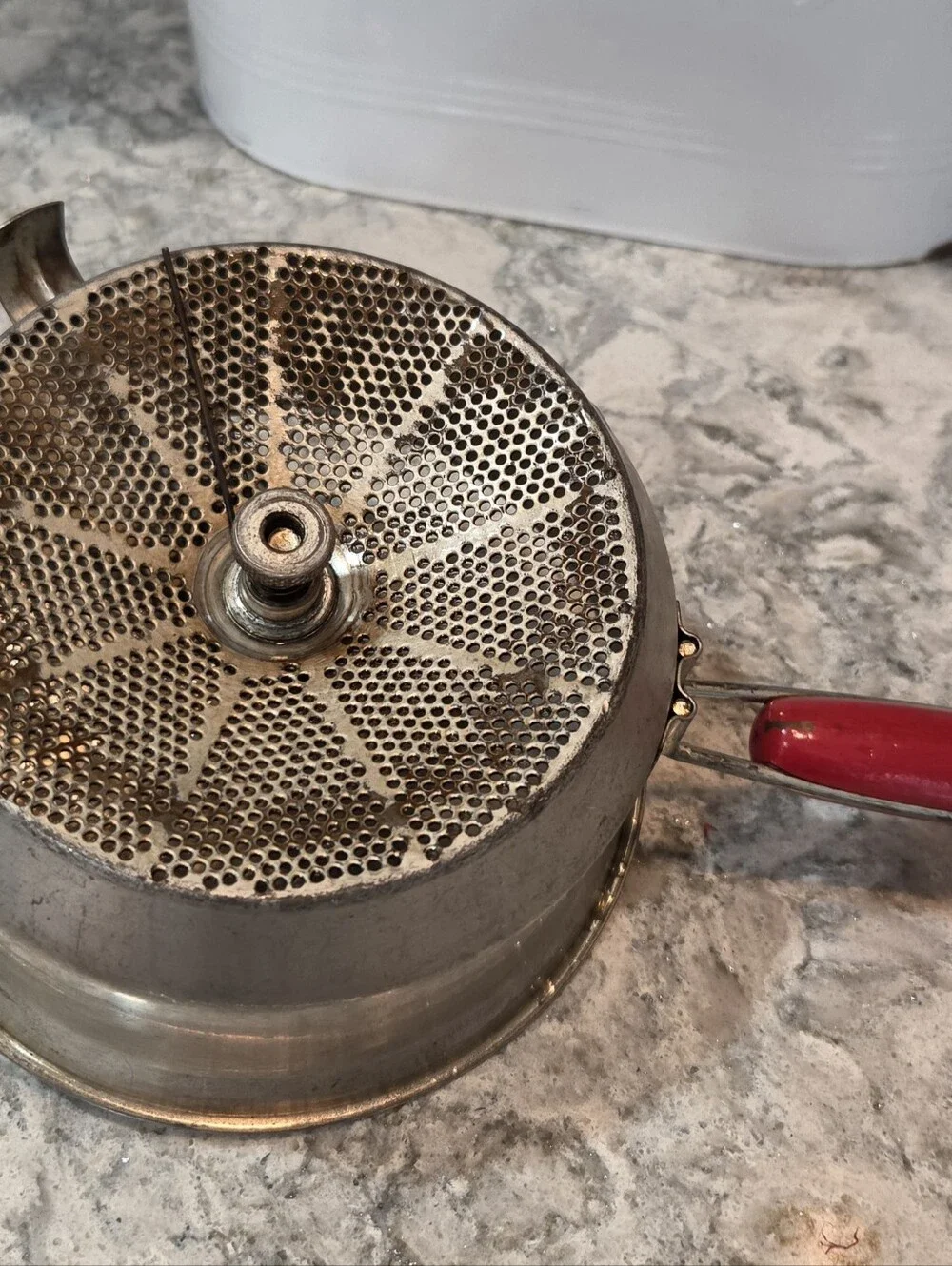 Vtg Foley Food Mill Manual Hand Crank Metal Red Wooden Handles Steel Country